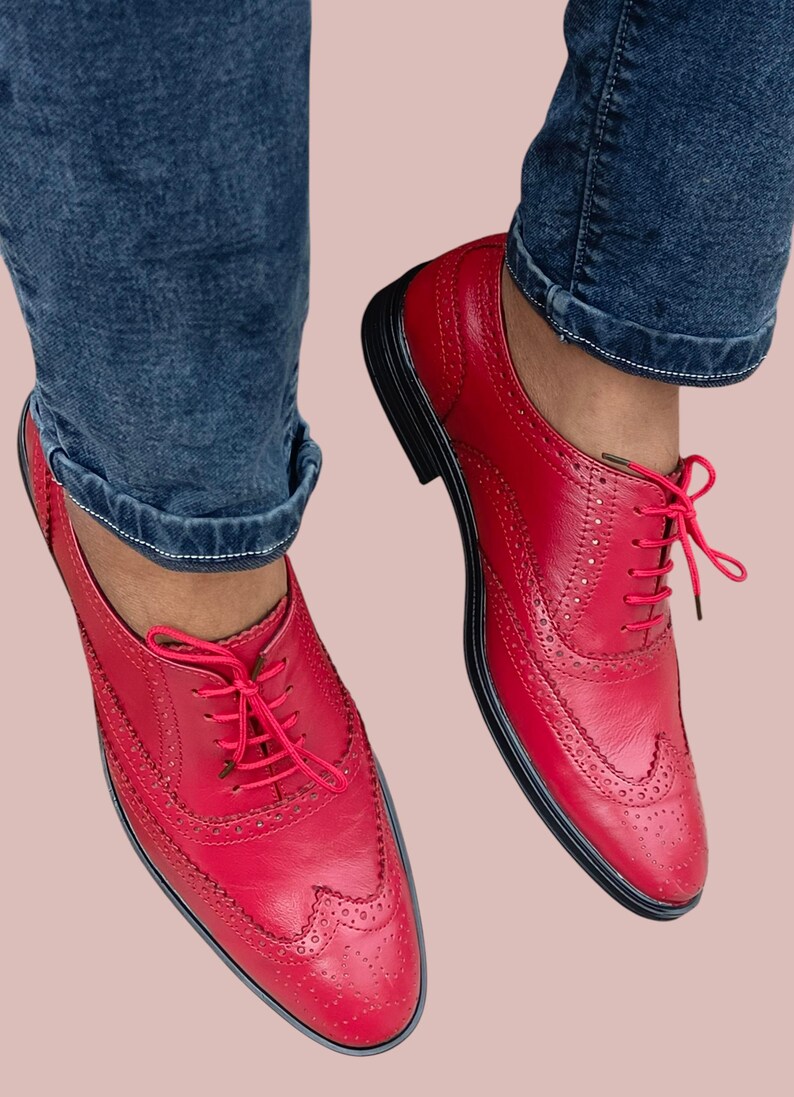 Fullyhand made red pure leather oxford shoes