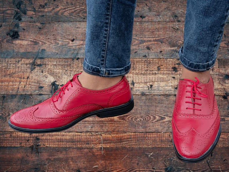 Fullyhand made red pure leather oxford shoes