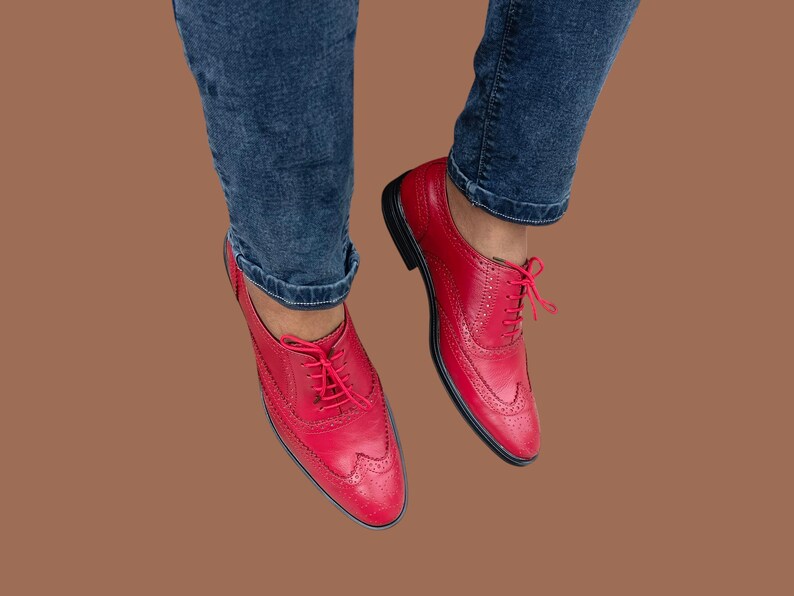 Fullyhand made red pure leather oxford shoes