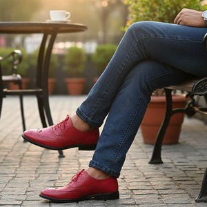 Fullyhand made red pure leather oxford shoes