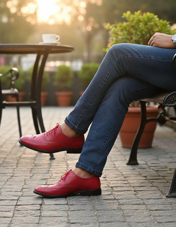 Fully handmade pure leather red Oxford lightweight  shoes for men's