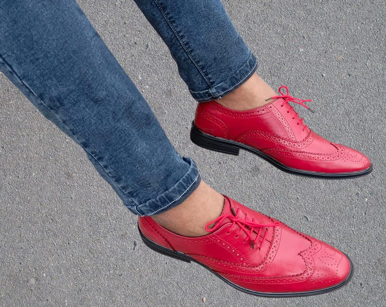 Fullyhand made red pure leather oxford shoes