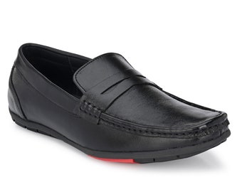 Mocasín de piel pura totalmente hecho a mano con suela de goma solo para hombre.