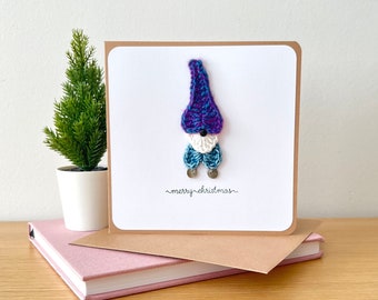 Crochet Gnome Christmas card, Gift idea card, Handmade crochet card, Greeting card handmade