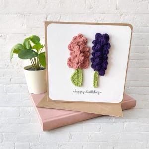 Biglietto d'auguri speciale all'uncinetto con giacinto, biglietto unico cucito a mano, biglietto personalizzato
