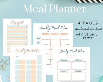 Meal Planner - Printable PDF - Daily Meal Plan - Weekly Meal Plan - Monthly Meal Plan - Printable Weekly Meal Planner - Meal Planner Print
