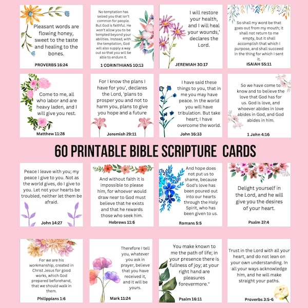 60 Bible Scripture Cards - Encouragement Bible Verse Cards - Bible Verse Cards - Scripture Cards - Prayer Cards - Printable Prayer Cards