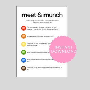 M en M-spel - Meet and Munch Candy-spel - Icebreaker-afdrukbaar spel - Candy-spel - M&M Icebreaker-spel - Icebreaker for Work - vakantiespel