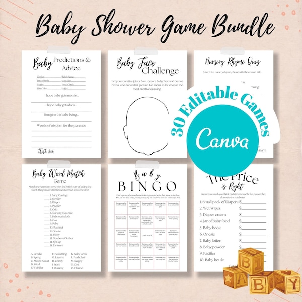 Editable Canva Baby Shower Games - 30 Editable Baby Shower Games - Baby Shower Games Bundle - Printable Baby Shower Games - Template