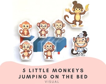 May include: A set of 6 printable images featuring cartoon monkeys jumping on a bed. The images are perfect for teaching children about numbers and counting. The text "5 Little Monkeys Jumping on the Bed" is displayed at the bottom of the image.