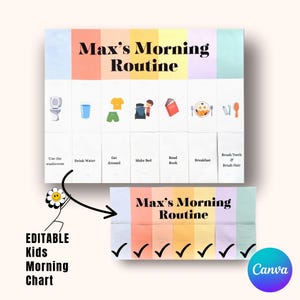 May include: A colorful "Max's Morning Routine" chart with illustrated tasks like using the washroom, drinking water, and brushing teeth. The chart includes the text "EDITABLE Kids Morning Chart" and the Canva logo.