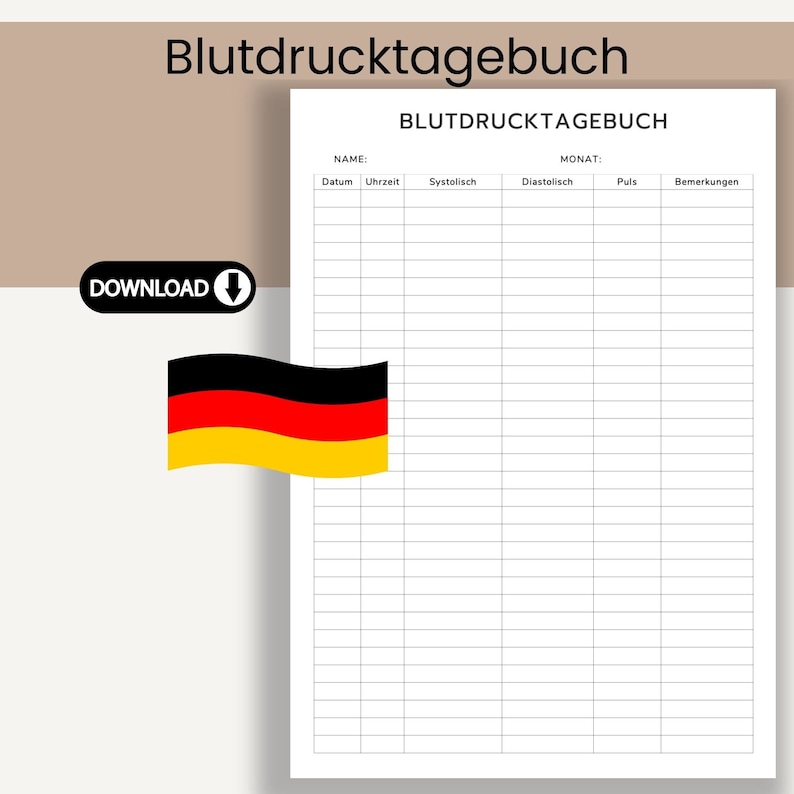 Blutdrucktagebuch Digitaler Download Blutdruckpass Blutdrucktabelle Blutdruckwerte Tabelle Blutdruck PDF Blutdrucktabelle Bild 1