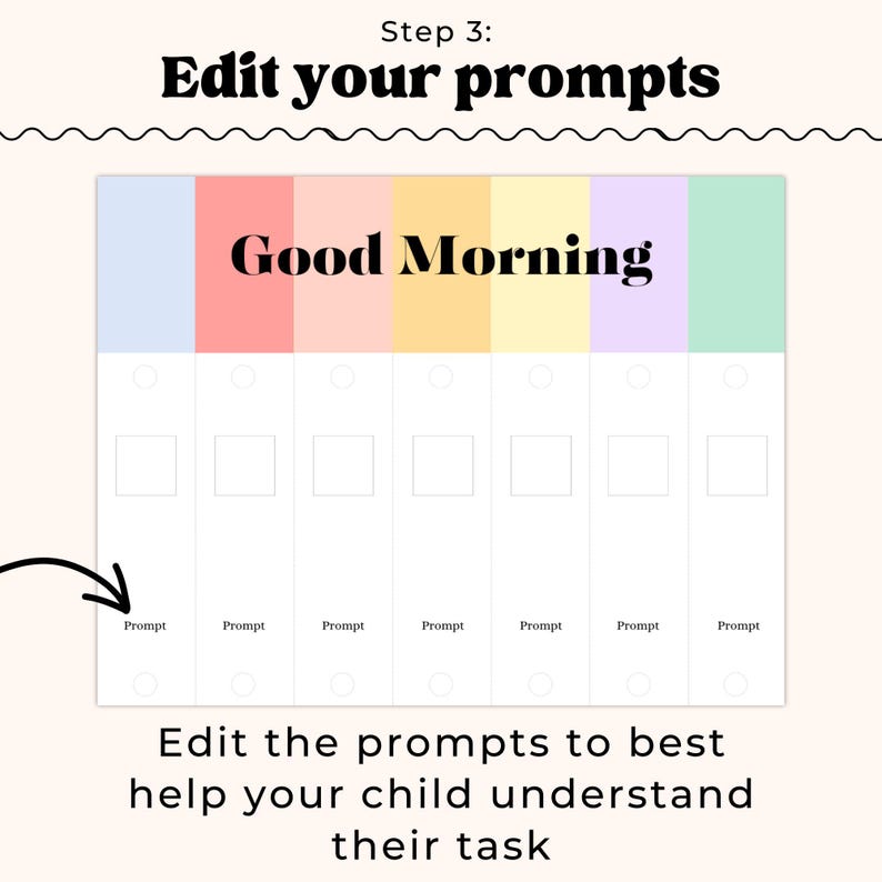 May include: A colorful chart with the words "Good Morning" and the text "Edit your prompts to best help your child understand their task." The chart has seven sections with the word "Prompt" below each.