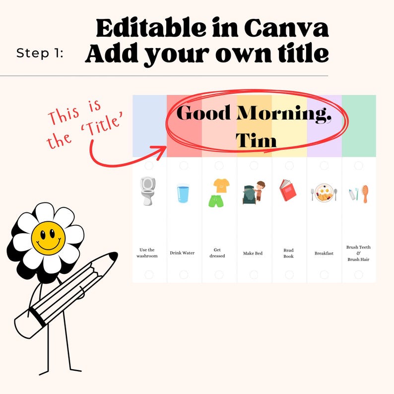 May include: A colorful daily routine chart with the text "Good Morning. Tim" in a red circle. The chart includes icons for various activities like using the washroom, drinking water, getting dressed, making the bed, reading, eating breakfast, and brushing teeth.