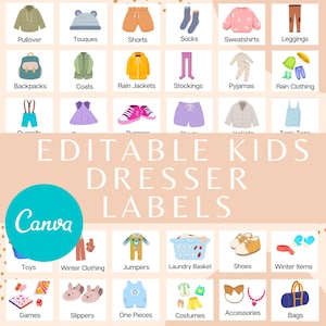 Etichette modificabili per cassettiere per bambini - Modello Montessori per armadio - Download digitale - Etichette per bambini per organizzare la stanza dei bambini - Canva Dresser