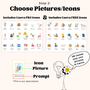 May include: A visual guide with icons for daily routines, including "Drink Water," "Brush Teeth," and "Make Bed." The image includes the text "Choose Pictures/Icons" and "Includes Canva PRO Icons & Includes Canva FREE Icons."