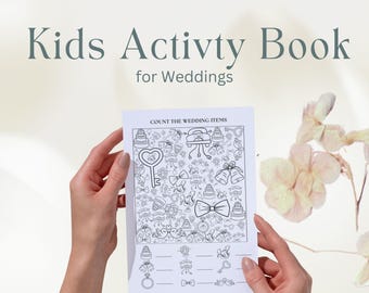 May include: A white activity book for weddings with the text "Kids Activity Book for Weddings". The book features a "Count the Wedding Items" game with illustrations of wedding-related objects like cakes, bows, and rings.