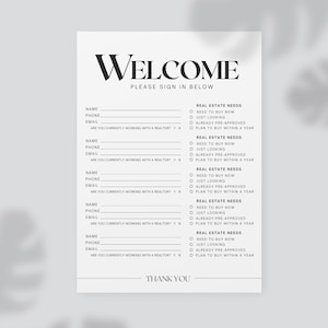 May include: A black and white welcome sign with the text "WELCOME" and "PLEASE SIGN IN BELOW". The sign has a form for visitors to fill out with their name, phone number, email address, and real estate needs. The form includes options for "Need to buy now", "Just looking", "Already pre-approved", and "Plan to buy within a year".