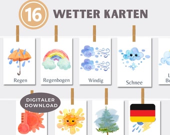 Wetter Lernkarten - Montessori Wetter - Wetterkarten Kinder zum ausdrucken - Digitaler Download - Wetter Lernen - Deutsche Kinder Karten