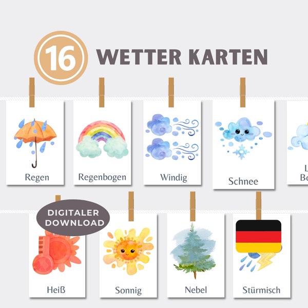 Wetter Lernkarten - Montessori Wetter - Wetterkarten Kinder zum ausdrucken - Digitaler Download - Wetter Lernen - Deutsche Kinder Karten