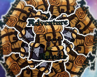 May include: A set of brown and green stickers with a cartoon illustration of a backpack and the text "Adventure Awaits".