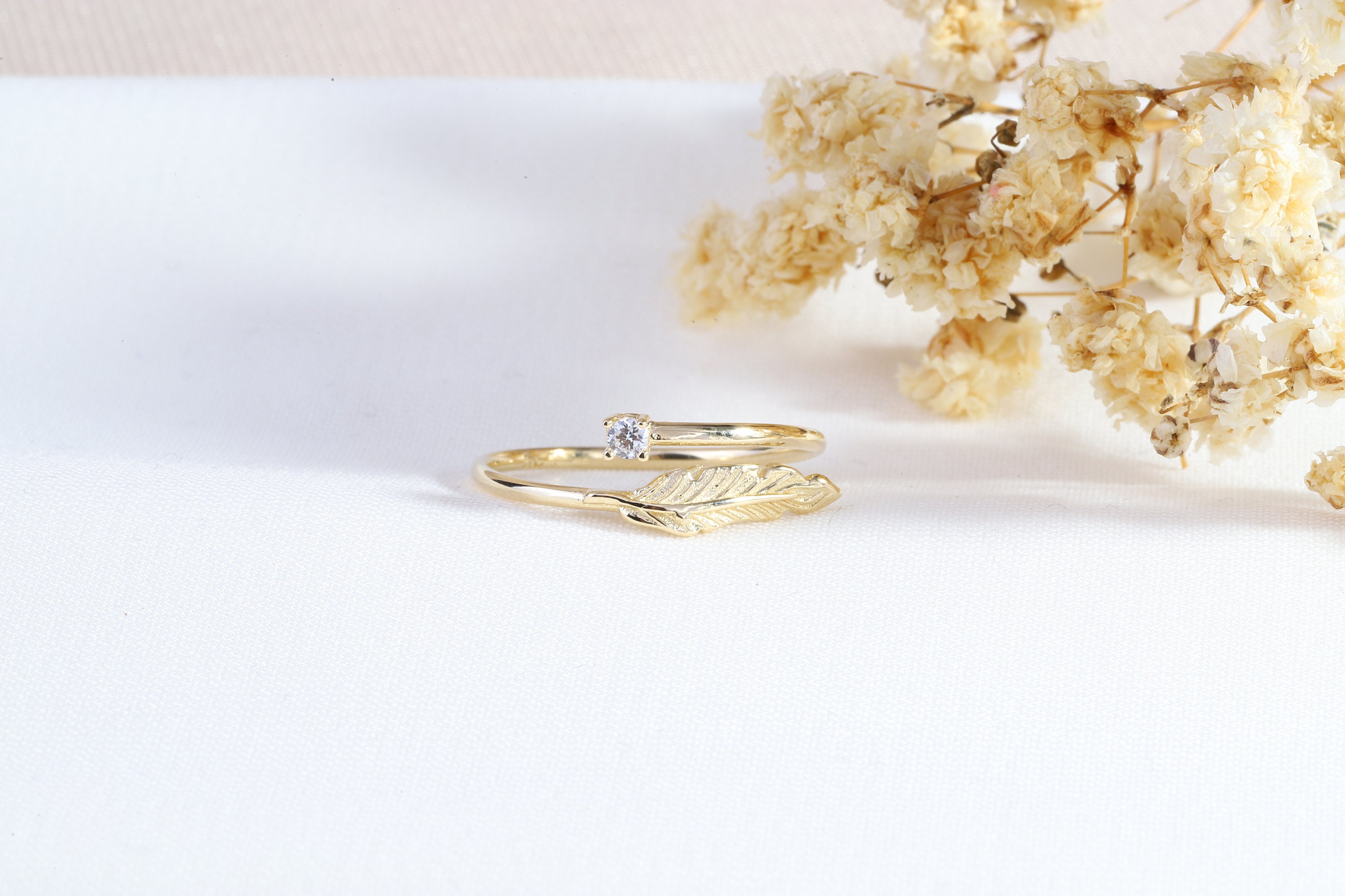 14K Solid Gold Ring Gold Leaf Ring Gold Wedding Ring Etsy