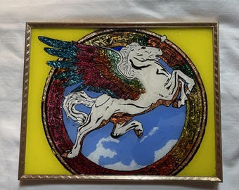 VTG 1970s Pegasus Unicorn Fantasy Foil Art Decor Framed Rainbow 8x10