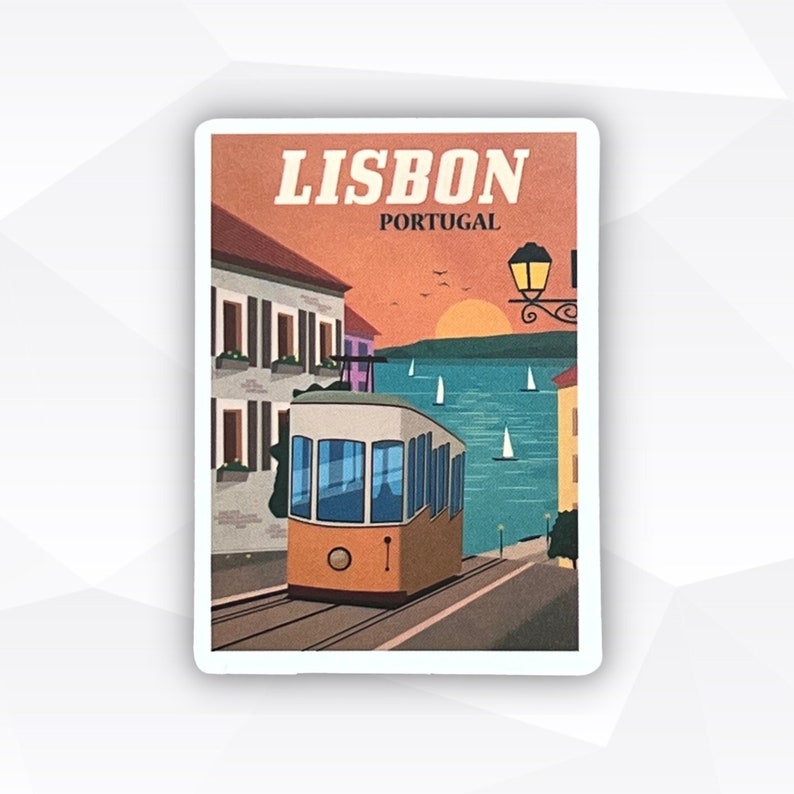 May include: A vintage-style postcard featuring a yellow tram traveling up a hill in Lisbon, Portugal. The postcard has a sunset background with sailboats in the water and a street lamp at the top.