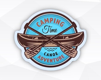 May include: A circular sticker featuring a light blue background with a dark brown canoe and two crossed paddles. The text reads CAMPING Time in brown and black, with CANOE ADVENTURE in black at the bottom. Three small wavy lines are centered below the canoe.