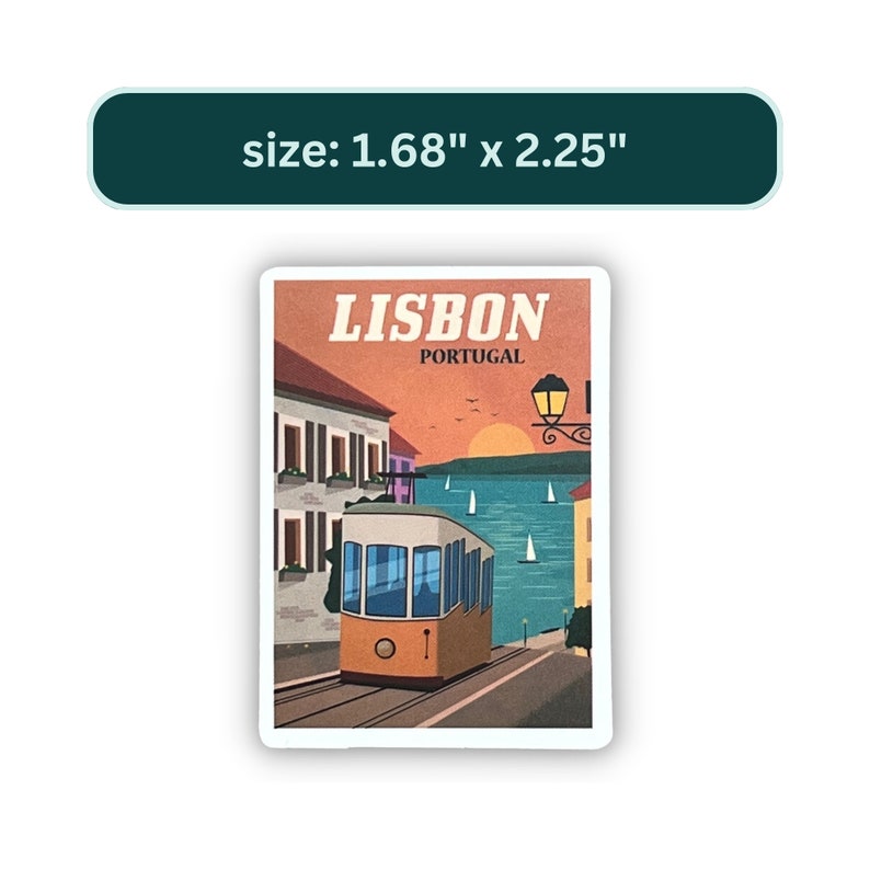 May include: A vintage-style postcard featuring a yellow tram traveling up a hill in Lisbon, Portugal. The postcard has a blue and green background with a sunset and boats in the water. The text "LISBON PORTUGAL" is printed in white on the postcard.