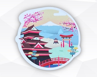 May include: A sticker featuring a Japanese landscape with a pagoda, red bridge, and torii gate. The design includes Mount Fuji, cherry blossoms, and stylized trees, in shades of red, pink, blue, and green.