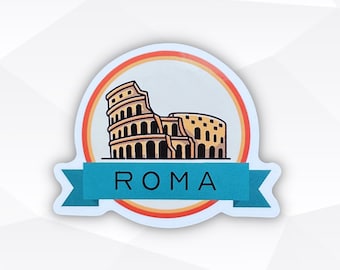 May include: A circular sticker featuring a stylized illustration of the Colosseum in Rome, Italy. The design includes a warm-toned orange and red circular border and a teal blue banner across the bottom with the word ROMA printed in black.