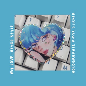Pegatina de anime con corazón brillante, amor retro, pegatina holográfica, pegatina de anime con forma de corazón, anime retro