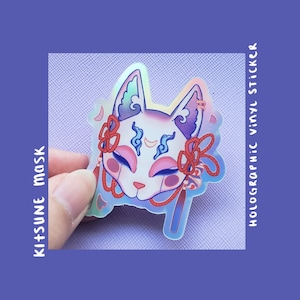 Levendige holografische vos masker sticker, kitsune masker sticker, Japanse okami sticker, laptop sticker, schattige vos sticker