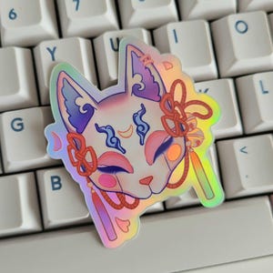 Holographic Fox Mask Sticker for Laptop Decal Design Japanese Mask Kitsune Art Waterproof Vinyl Okami Mask Kawaii Fox Japanese Art