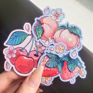 Holographic sweet floral fruit stickers - cherries, peaches, strawberries