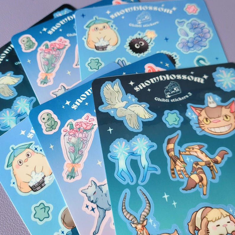 May include: A set of 10 blue and green stickers featuring characters from Studio Ghibli films. The stickers feature characters like Totoro, Kiki's Delivery Service, and Spirited Away. The stickers are perfect for adding a touch of whimsy to your laptop, water bottle, or planner.