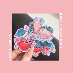 Joli jeu d'autocollants holographiques fruits, pêche cerise fraise, autocollants été et printemps, lot d'autocollants amusants