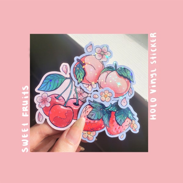 Holographic Strawberry Peach Cherry Stickers, Vinyl Sticker Set, Fruit Sticker Pack, Cute Stickers, Gift for Friends