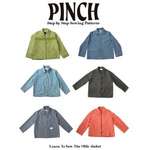 May include: Five different versions of a denim jacket sewing pattern. The patterns are shown in different colors, including green, blue, light blue, gray, and red. The text "PINCH Step by Step Sewing Patterns" is at the top of the image. The text "Learn To Sew The Ollie Jacket" is at the bottom of the image.