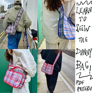 Dowiedz się, jak uszyć torbę, torbę typu crossbody messenger z kieszeniami i zapięciem na sznurek, wykrój do szycia w formacie PDF