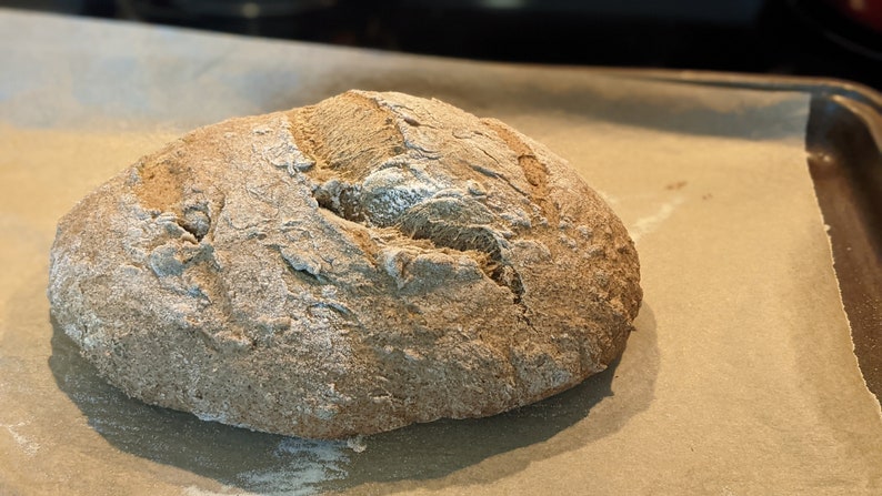 May include: A freshly baked loaf of sourdough bread with a rustic crust and a slightly cracked surface. The bread is sitting on a piece of parchment paper.