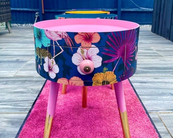 Round bedside table pink and navy. Colourful cute design,  fully customisable. Ideal as nightstand or side table. Wooden with drawer.
