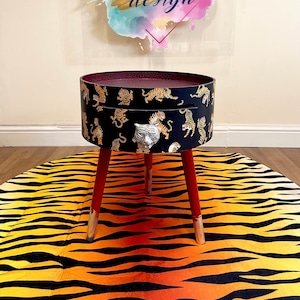 Round bedside table , black and red nightstand with tiger design, Eclectic design, Fun Bright Home Decor. Side table with storage drawer