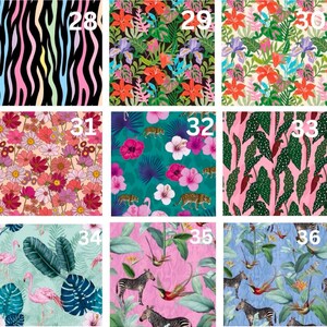 Op de afbeelding: Een collage van 9 verschillende stoffenpatronen, elk met een uniek ontwerp. De patronen omvatten zebrastrepen, tropische bloemen en bladeren, en een roze achtergrond met witte stippen. De patronen zijn genummerd van 28 tot en met 36.