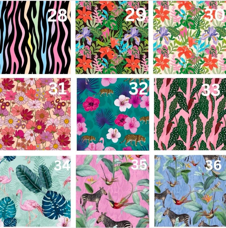 Op de afbeelding: Een collage van 9 verschillende stoffenpatronen, elk met een uniek ontwerp. De patronen omvatten zebrastrepen, tropische bloemen en bladeren, en een roze achtergrond met witte stippen. De patronen zijn genummerd van 28 tot en met 36.