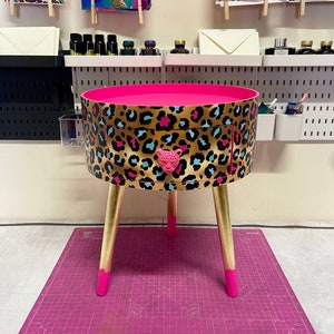 Hot Pink Magenta leopard round bedside table . Fun Bright Home Decor . Ideal for Nightstand or side table. Cheetah Print gold leaf design