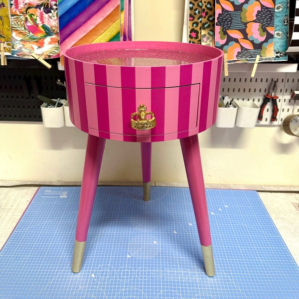 Pink striped bedside table. Glitter top, stripe nightstand, colourful end table , taller legs, crown handle, queen