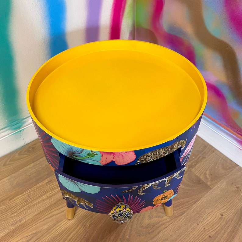 Round Bedside Table With Drawer Navy and Yellow Nightstand Etsy UK