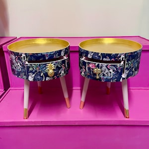 Pair of Round bedside table dusky pink & blue, gold metallic leaf leopard round bedside table . Nightstand or side table,  tropical flamingo